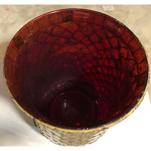 Vintage Mosaic Glass Vase Votive Holder Gold & Red Diamond Pattern 5.5" x 4.25" - Picture 4 of 9